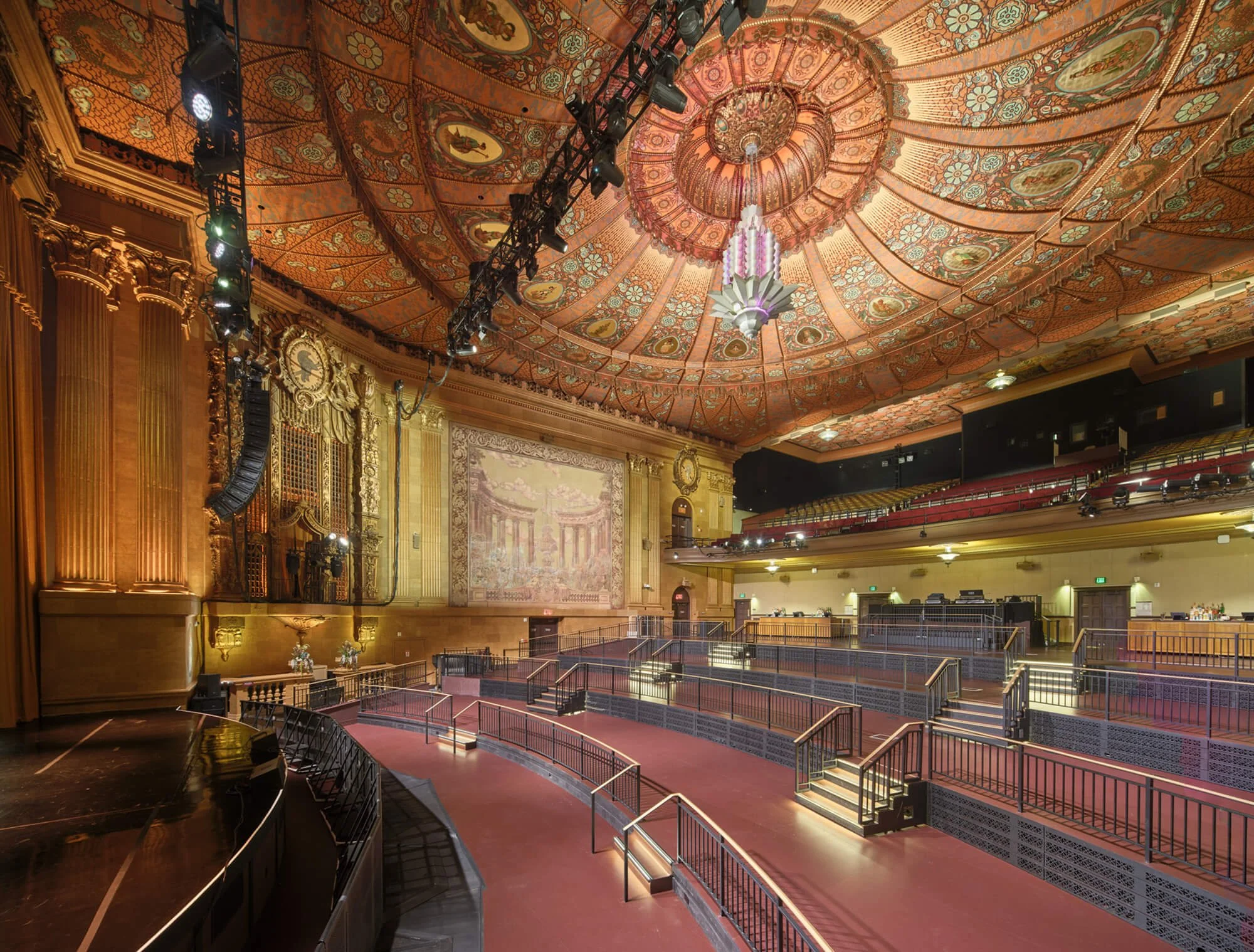 Interior of the restored Castro Theatre with reconfigured seating and stage