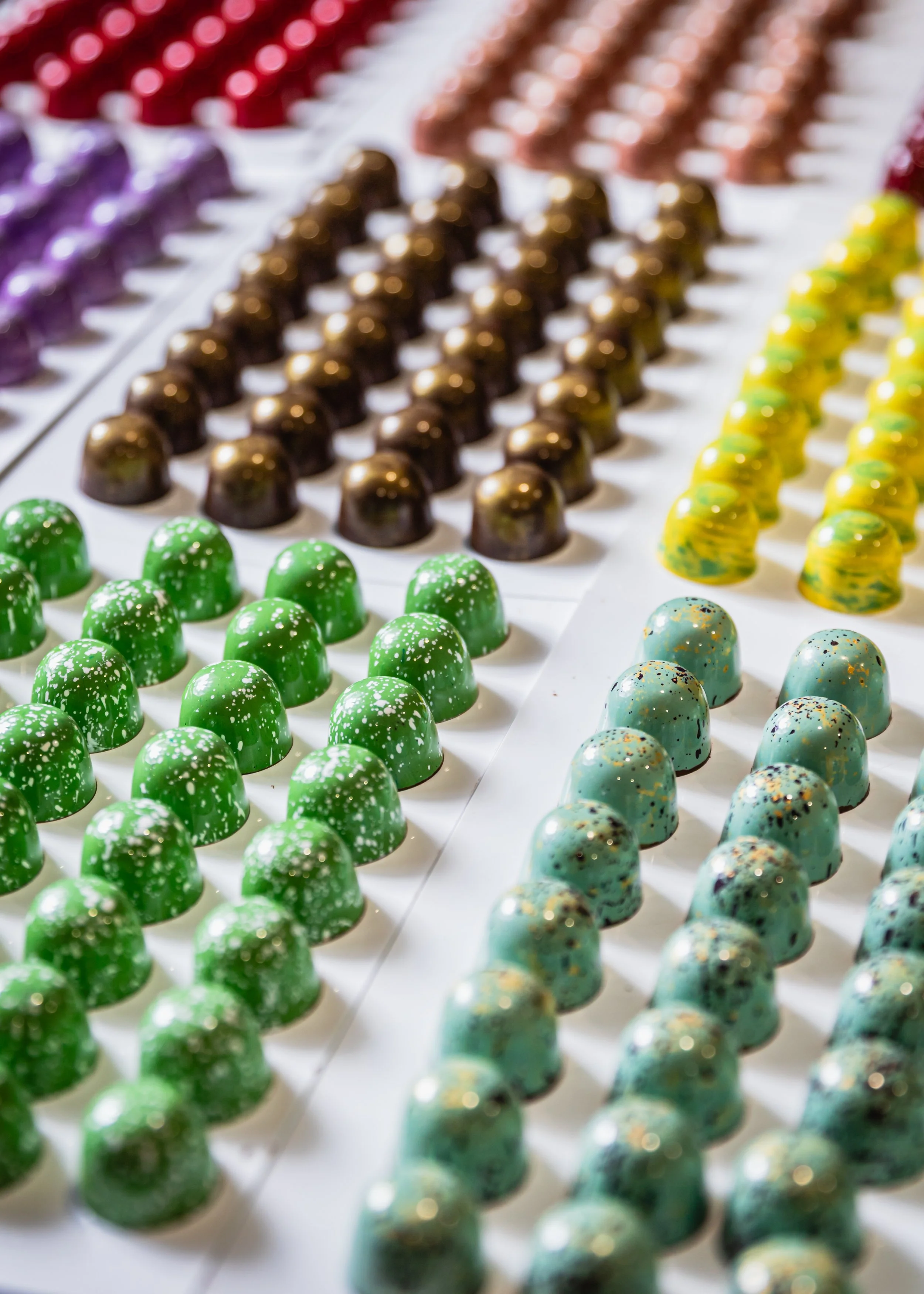 Colorful assorted chocolates arranged on display trays.