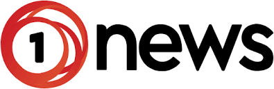 Logo of 1News with red swirling circle and black text