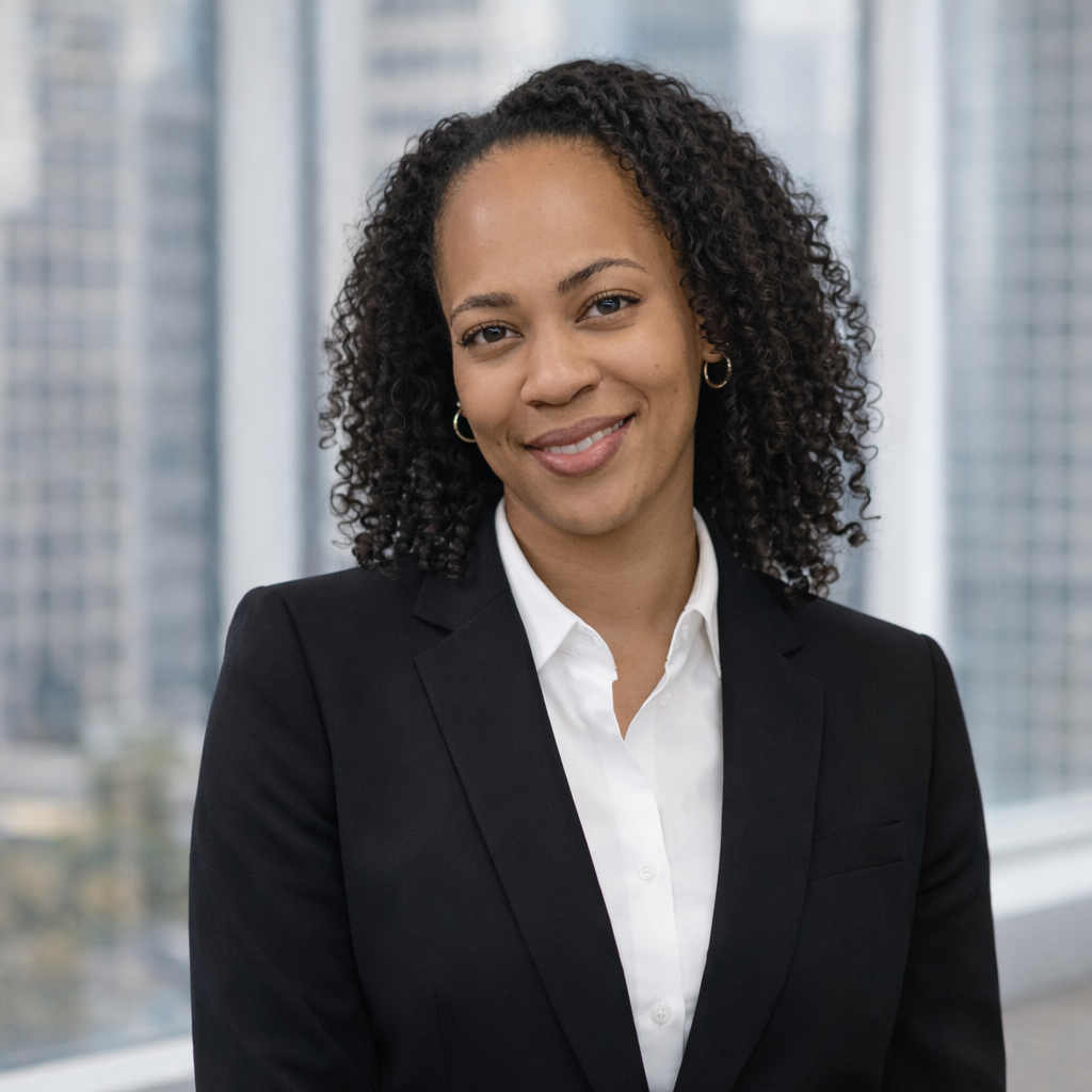 Professional woman with curly hair smiling in a business suit in an office setting with a city skyline in the background.
