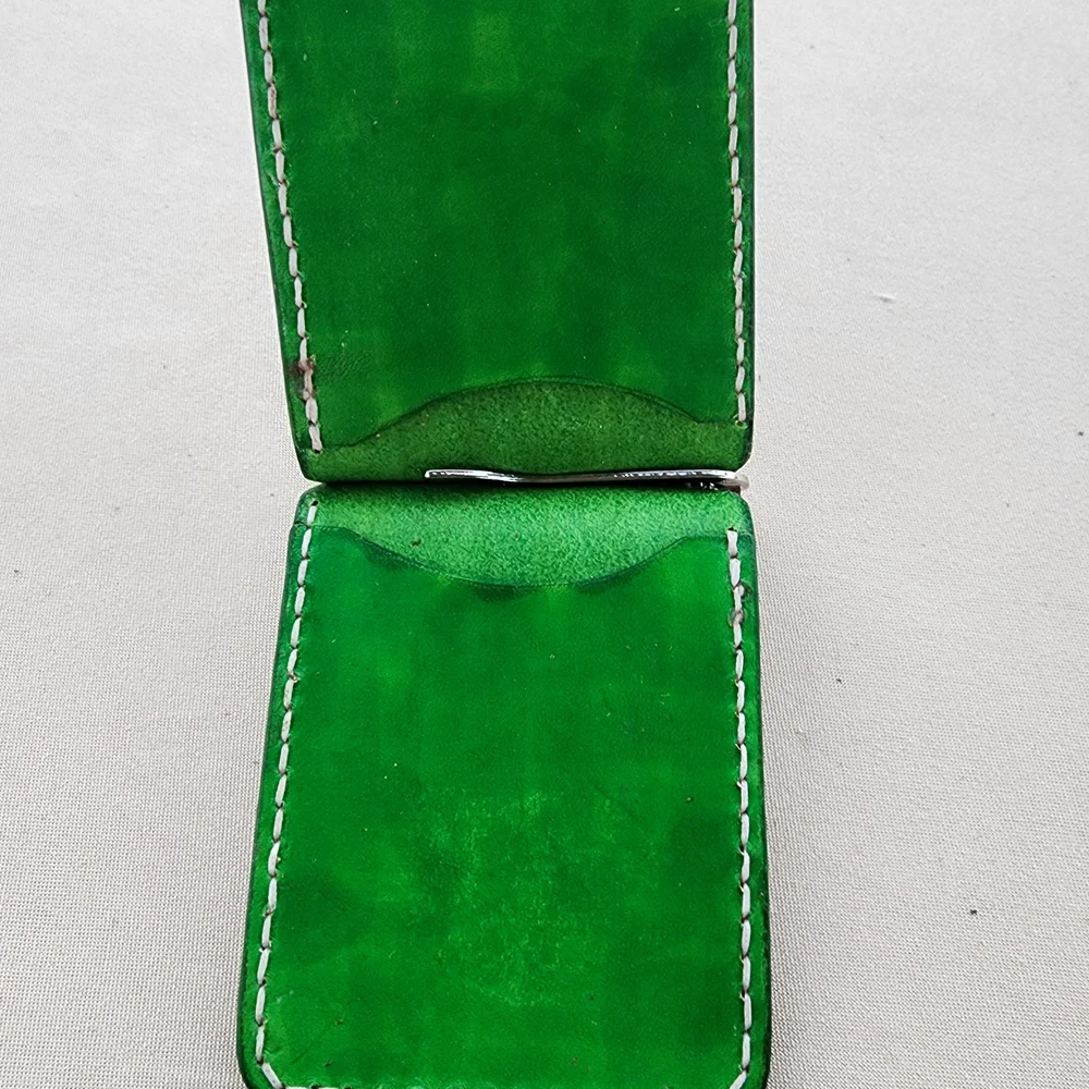 Handmade Leather Money Clip Green, Minimalist Veg Tan Wallet, Hand Stitched Money Holder, Groomsmen Gift for Him