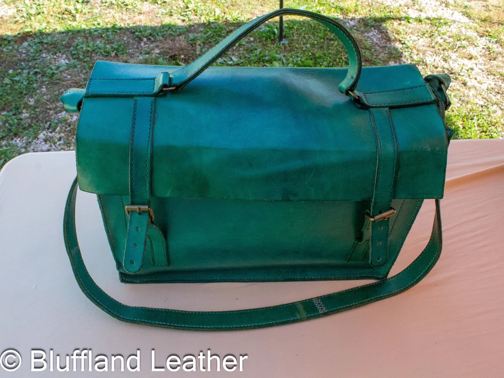 Handmade Leather Messenger Bag Green, Bluffland Messenger Bag, Original Design, Hand Stitched