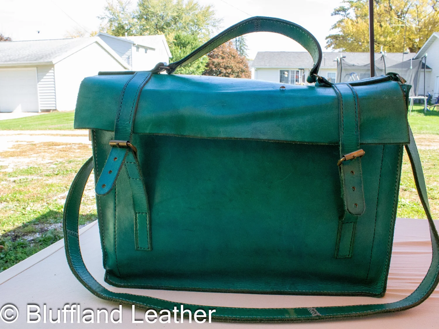 Handmade Leather Messenger Bag Green, Bluffland Messenger Bag, Original Design, Hand Stitched