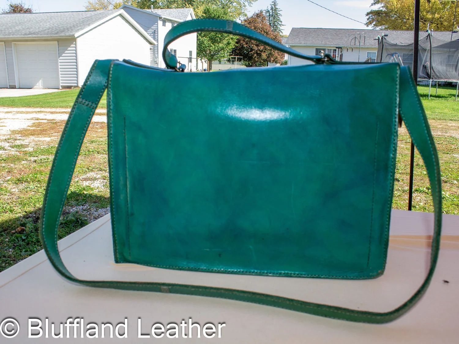 Handmade Leather Messenger Bag Green, Bluffland Messenger Bag, Original Design, Hand Stitched