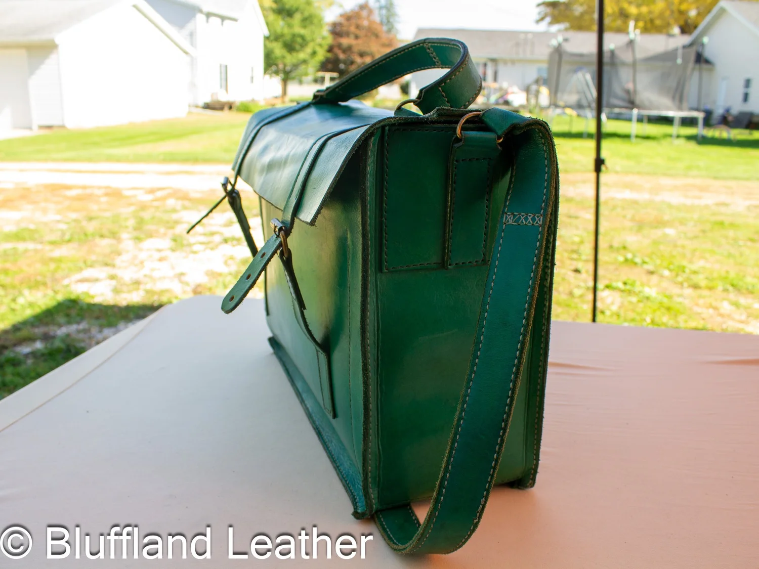 Handmade Leather Messenger Bag Green, Bluffland Messenger Bag, Original Design, Hand Stitched