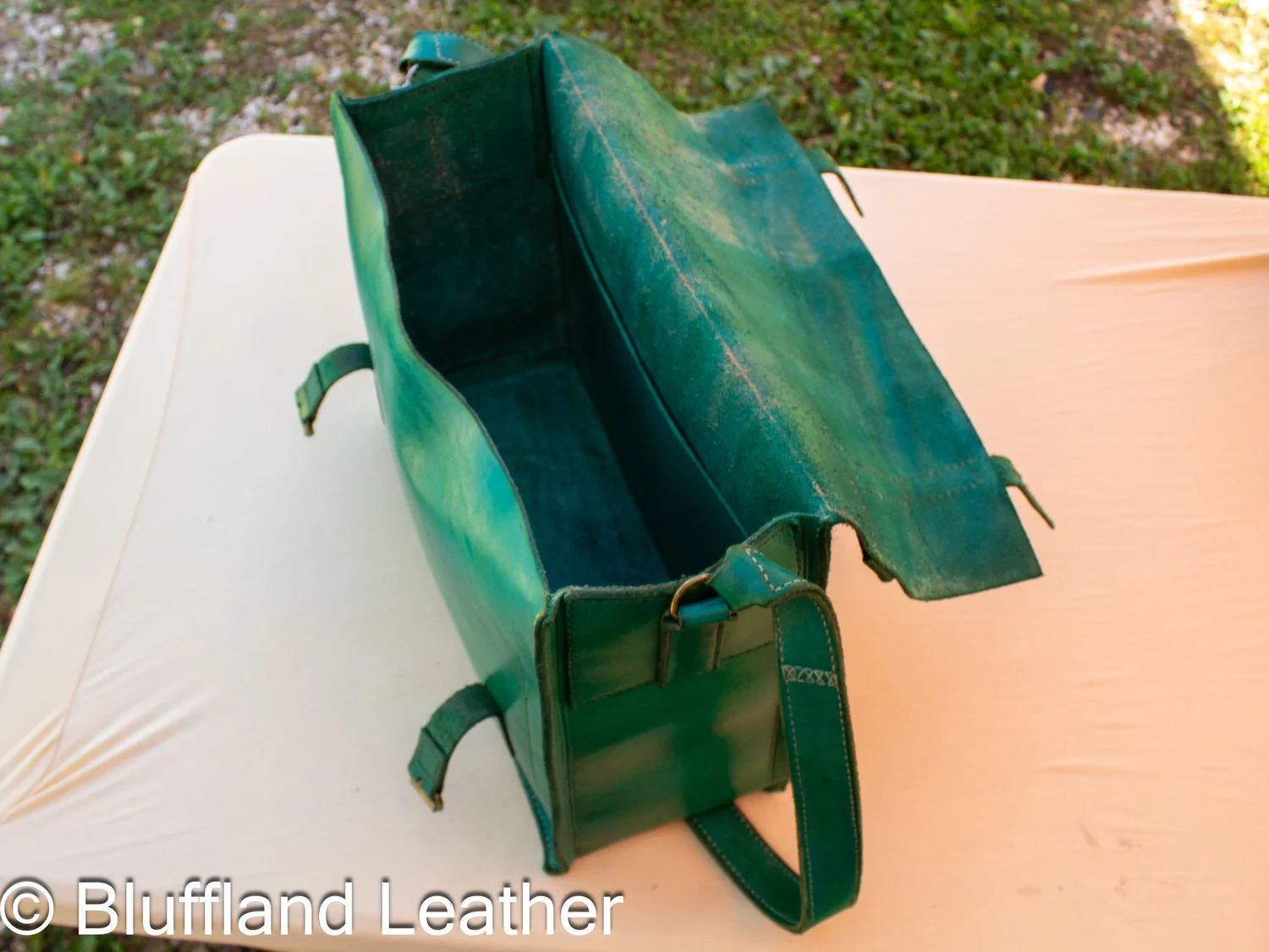 Handmade Leather Messenger Bag Green, Bluffland Messenger Bag, Original Design, Hand Stitched