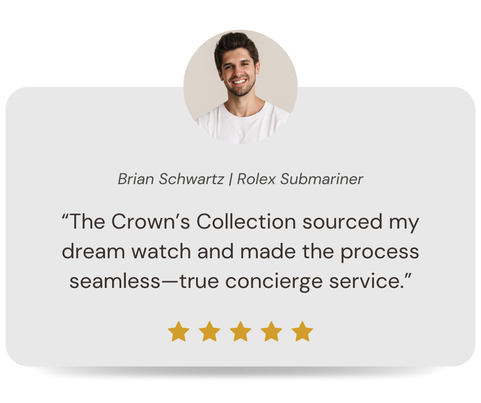 Testimonial card with a smiling man and five gold stars, quoting Brian Schwartz about Rolex Submariner, praising Crown's Collection for seamless service.