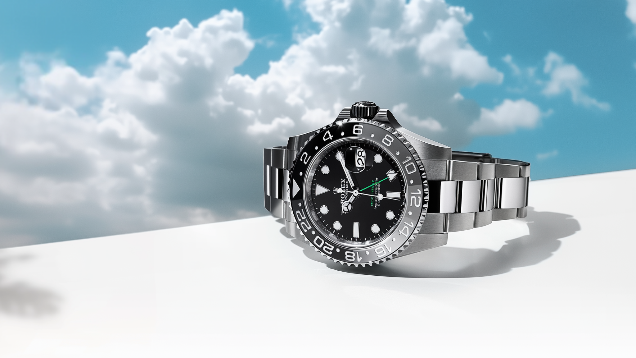 A luxury black and silver Rolex watch with a metal bracelet, black dial, and rotating bezel, resting on a white surface with a cloudy blue sky background.