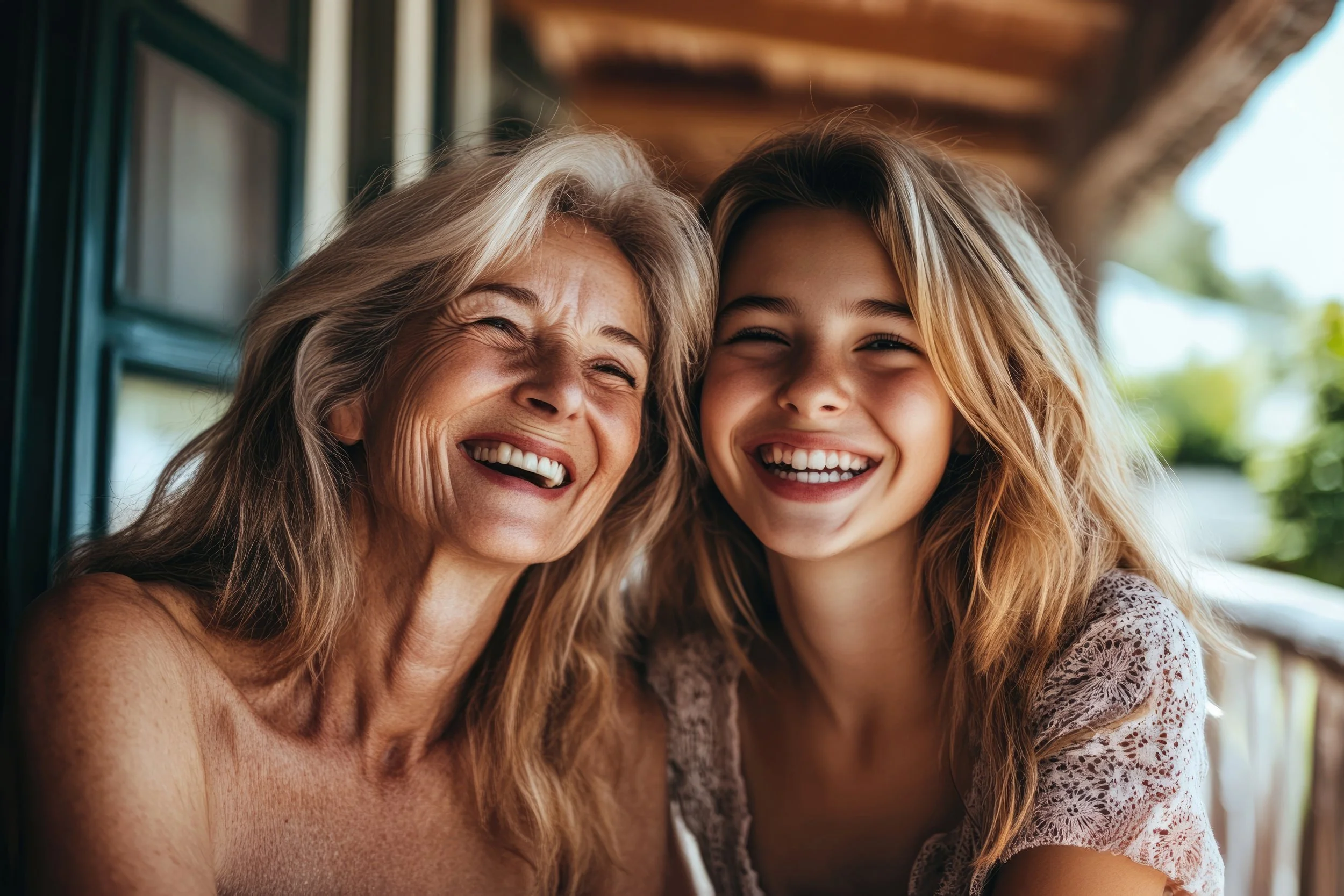 A joyful elderly woman and a young girl smiling together outdoors on a sunny day.