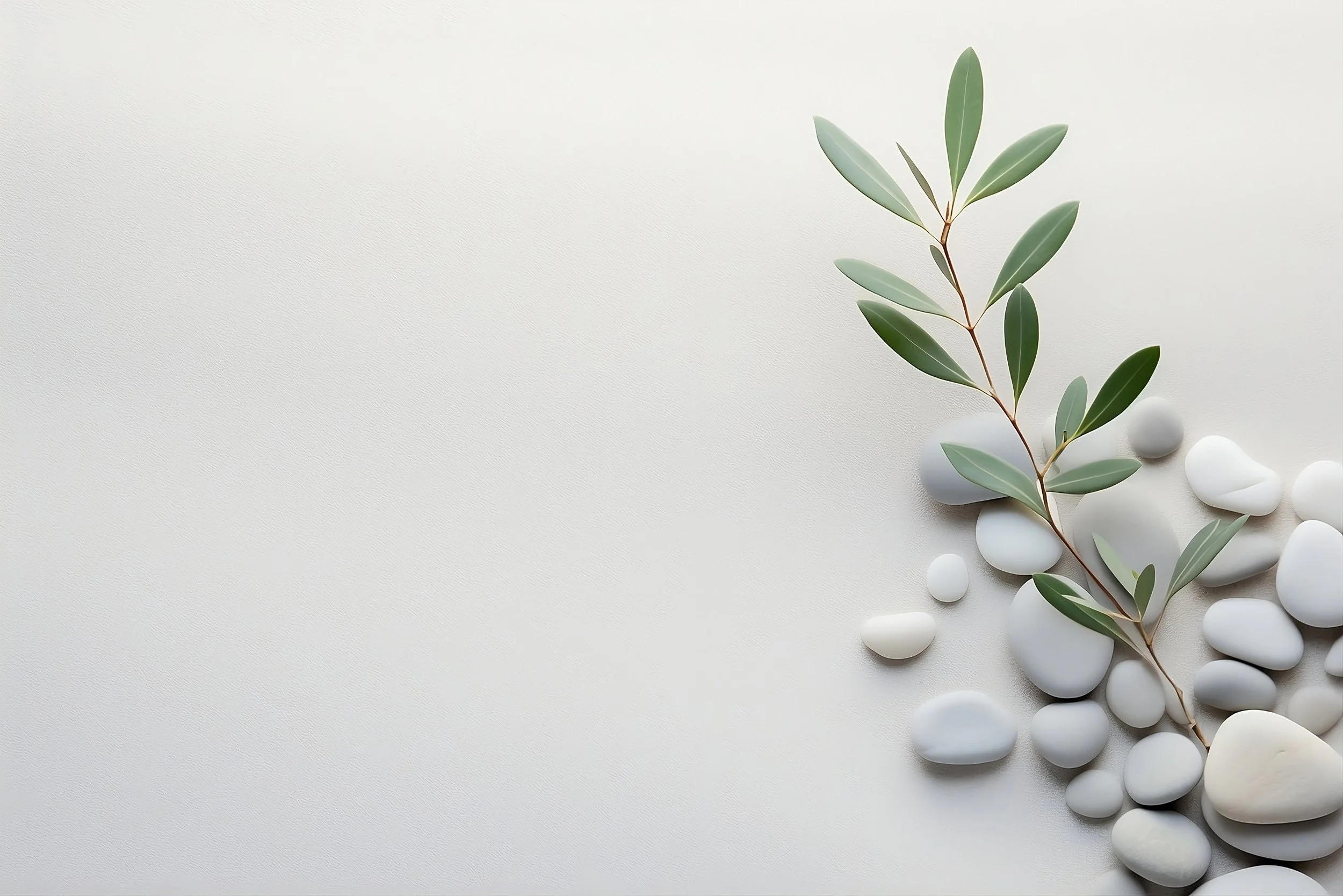 Minimalist composition with a branch of green leaves and white pebbles on a light background.