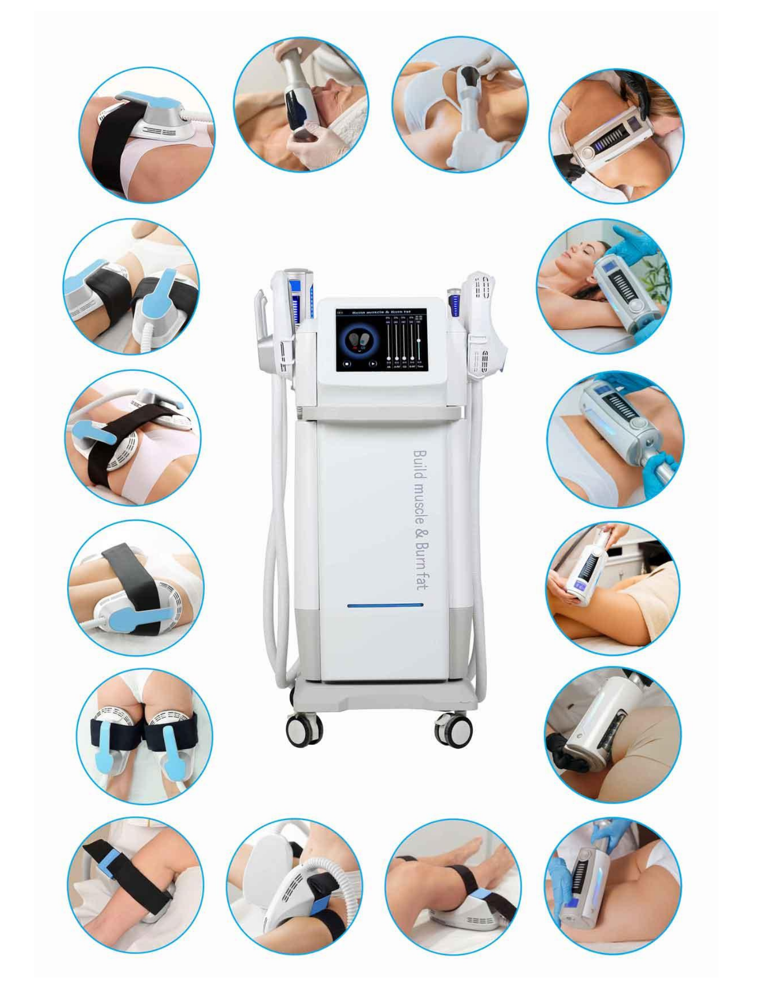 Medical aesthetic device surrounded by images of various cosmetic procedures using similar equipment.