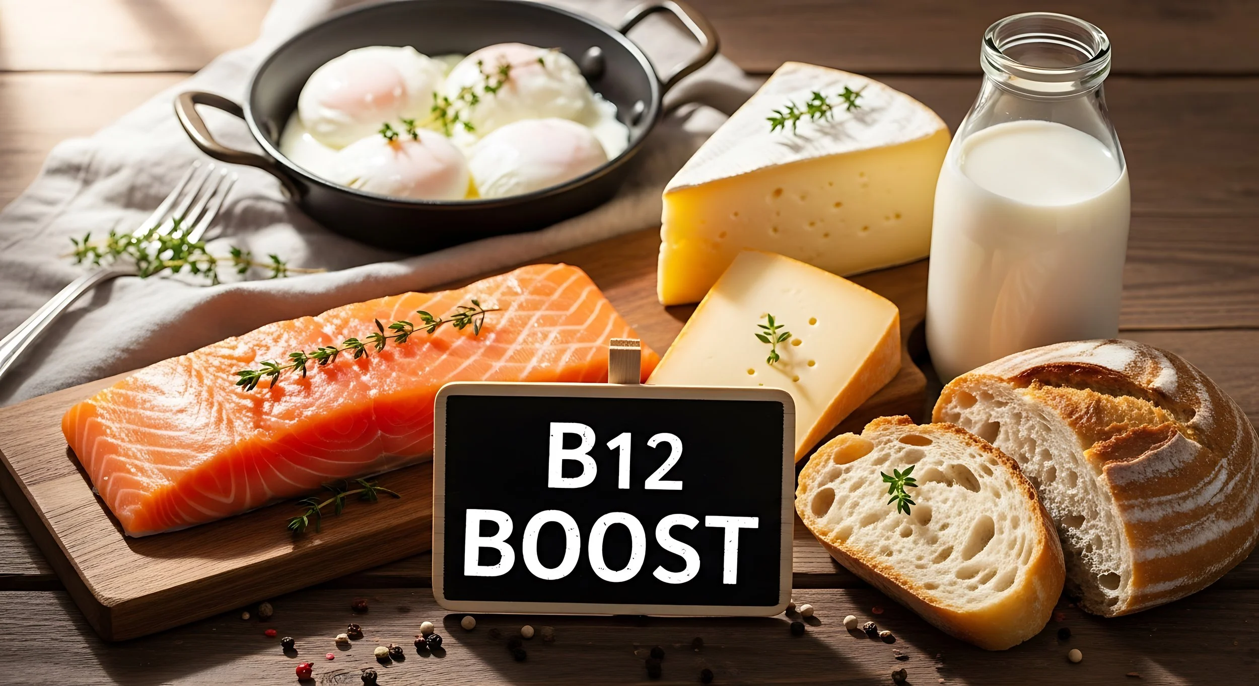 Assorted foods including a cut of salmon, sliced bread, cheeses, a bottle of milk, a skillet with eggs, and a chalkboard sign reading "B12 BOOST," all arranged on a wooden table.