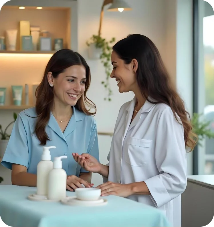 Two women, one in a blue uniform and the other in a white lab coat, smiling and talking in a modern, well-lit room with skincare or cosmetic products on shelves.