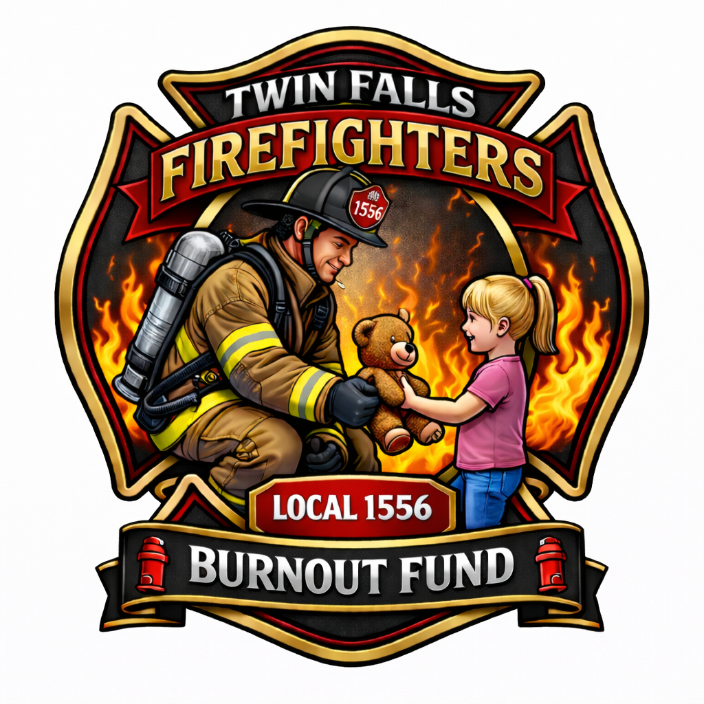 Firefighter in uniform holding a teddy bear and smiling at a young girl with blonde hair, in front of a background of flames, with text reading "Twin Falls Firefighters Local 1556 Burnout Fund."