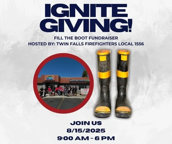 Flyer for a fundraiser event titled "Ignite Giving" to fill boots for the Twin Falls Firefighters, scheduled for August 15, 2025, from 9:00 AM to 6:00 PM. The flyer features an image of a pair of firefighter boots and a small photo of a group of people outside a building.