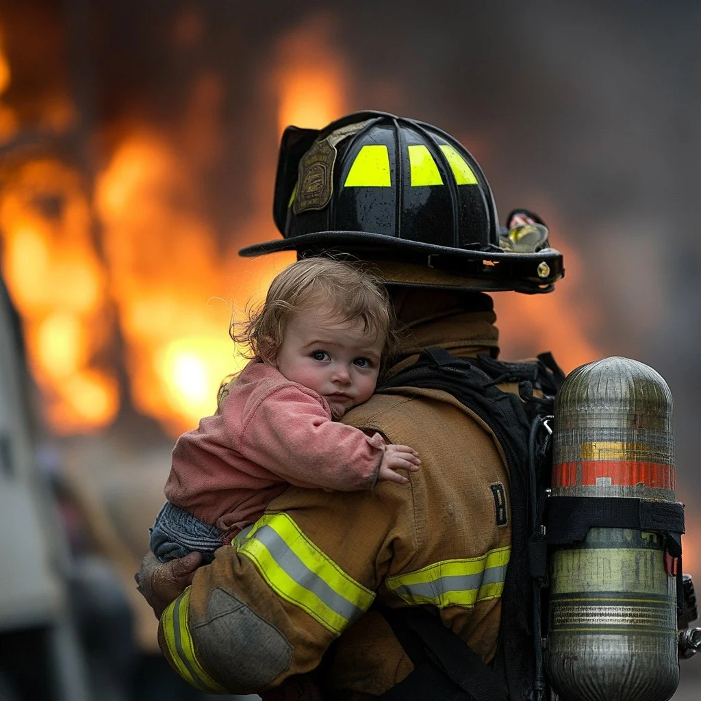 A firefighter in gear carrying a young girl who is clinging to him with a background of a large fire.