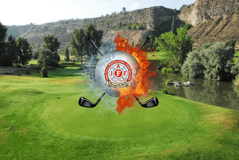 A golf course with a lake and mountains in the background, with a fire and water impact graphic featuring a fire department logo and golf clubs.