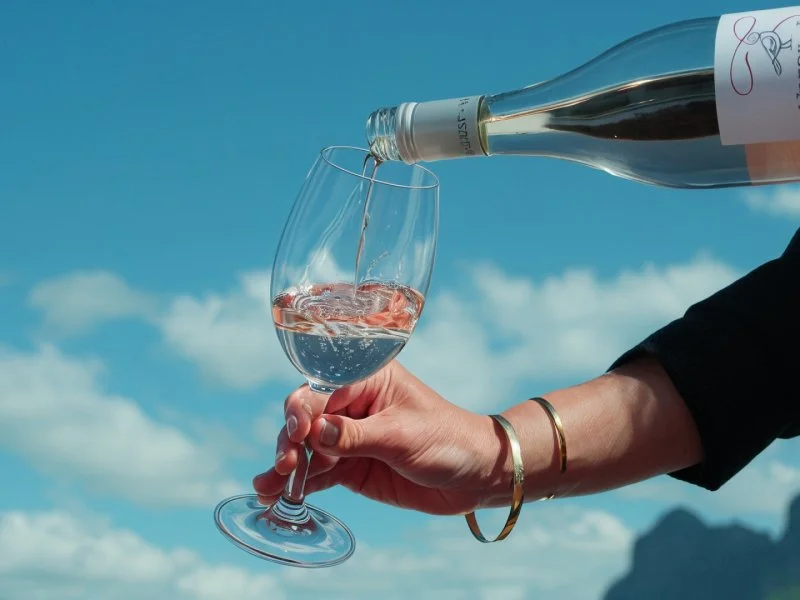 Person pouring rosé wine from a bottle into a wine glass outdoors with a blue sky and clouds in the background.