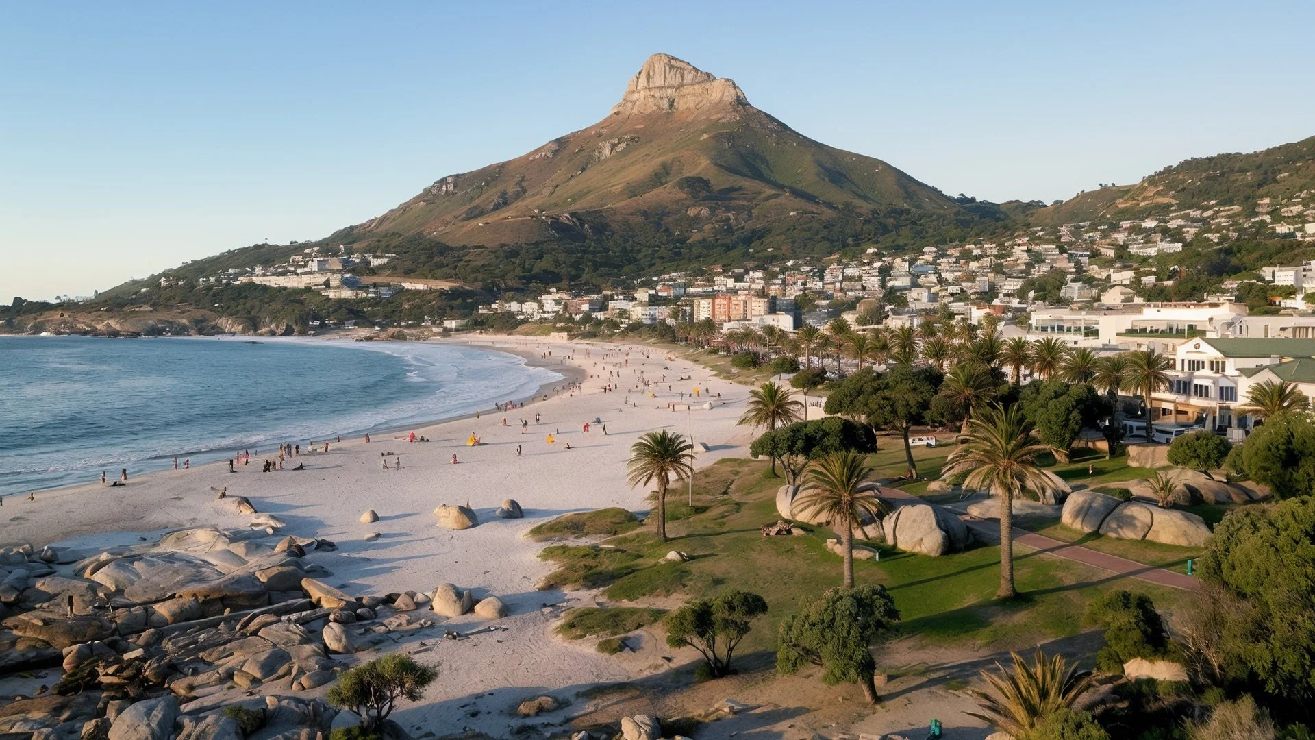 Beach with white sand, palm trees, and rocks, with a mountain in the background and residential buildings along the shoreline, under a clear blue sky.
