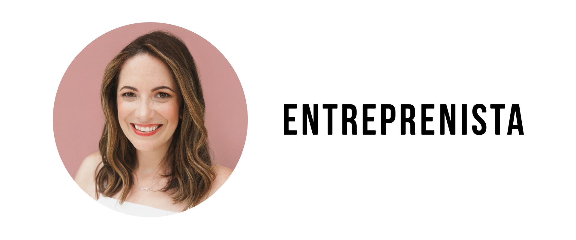 A smiling woman with wavy brown hair and light skin against a pink background