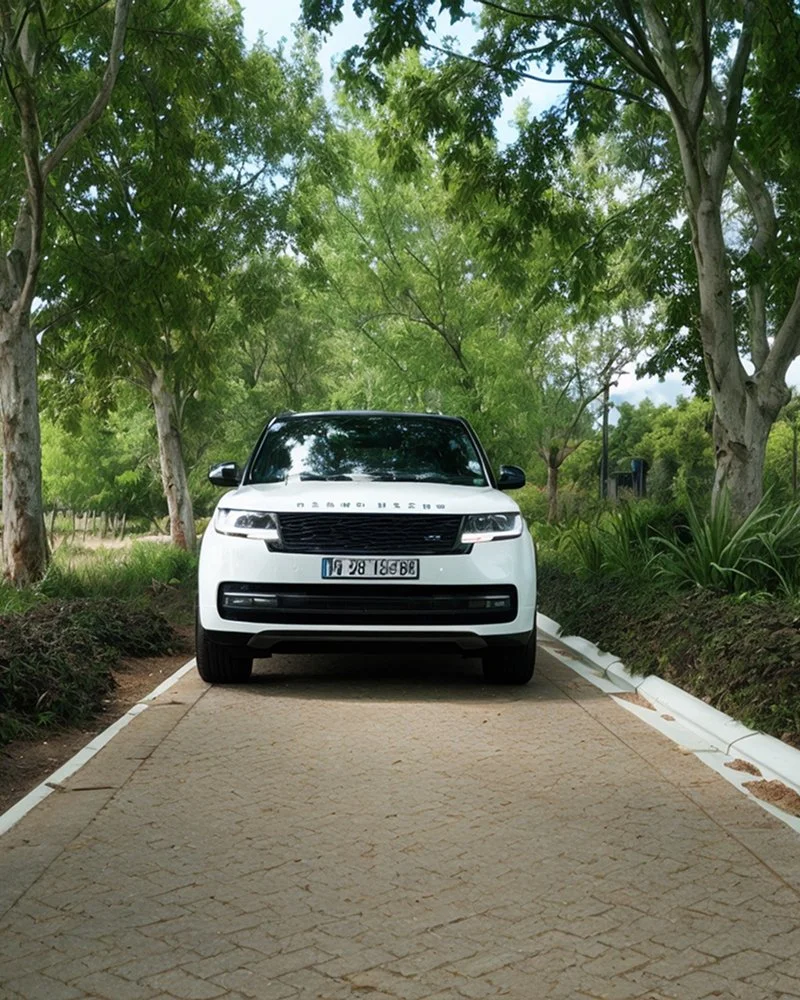 White Range Rover parked on a paved pathway surrounded by green trees and foliage.