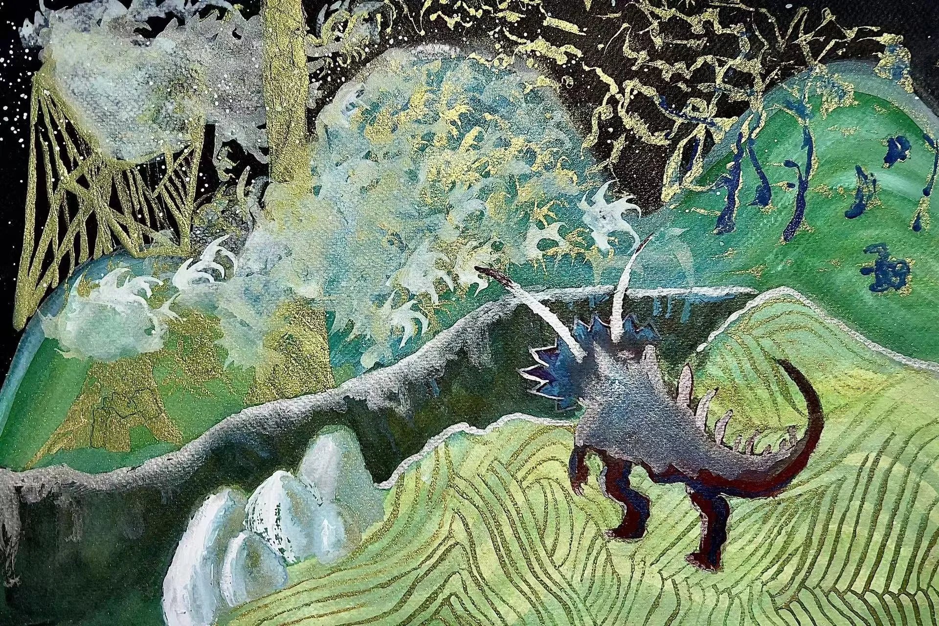 Battle for Eggs, 2024. Chinese ink, mineral pigments, and watercolor on paper, 25 × 36.5 cm (9.75 × 14.5 in). [Sold] 