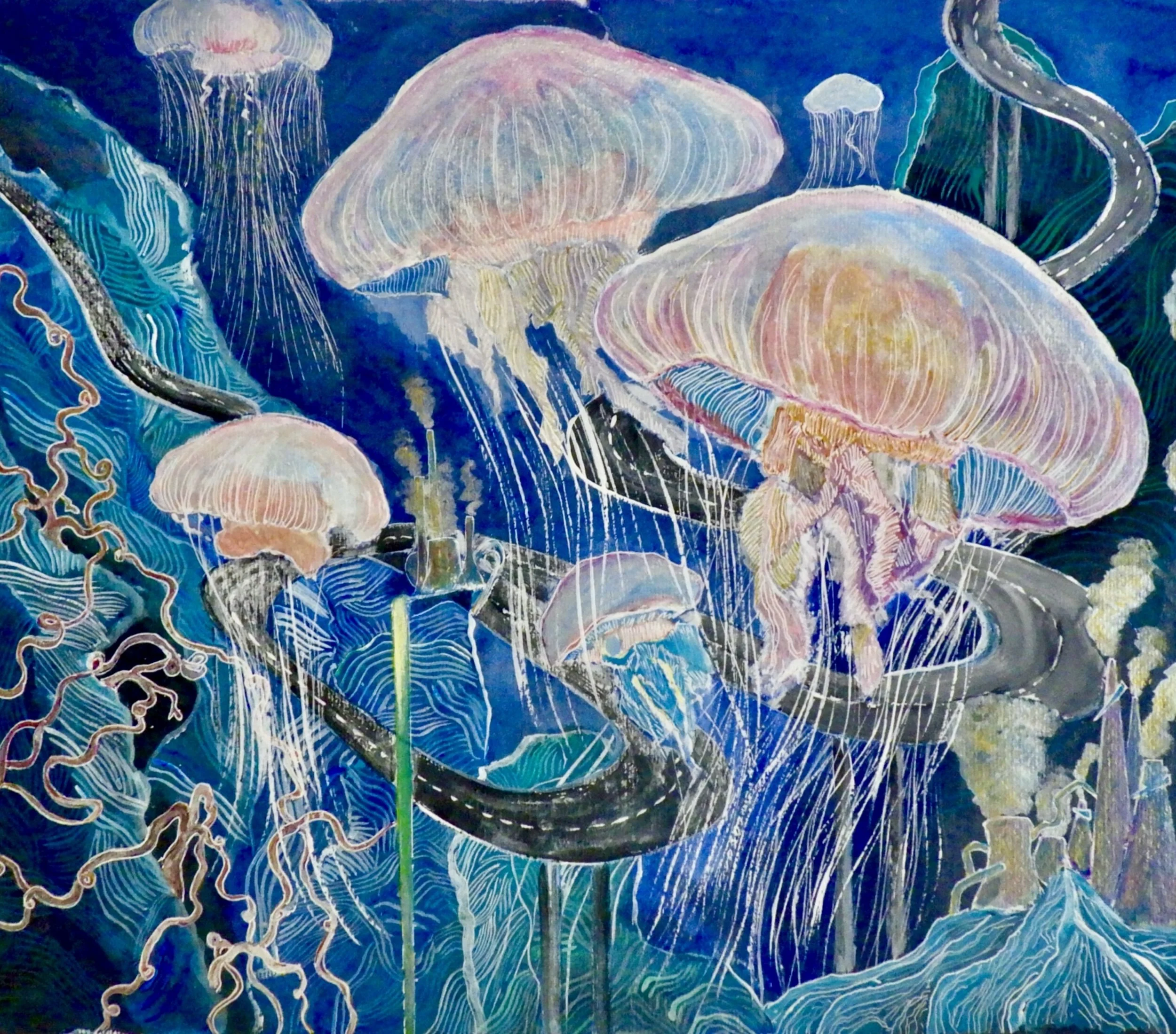 Expressways VIII: Jellies, 2025. Acrylic and acrylic ink on paper, 35.5 × 44 cm (14 × 17.25 in). [Available] — $2,500
