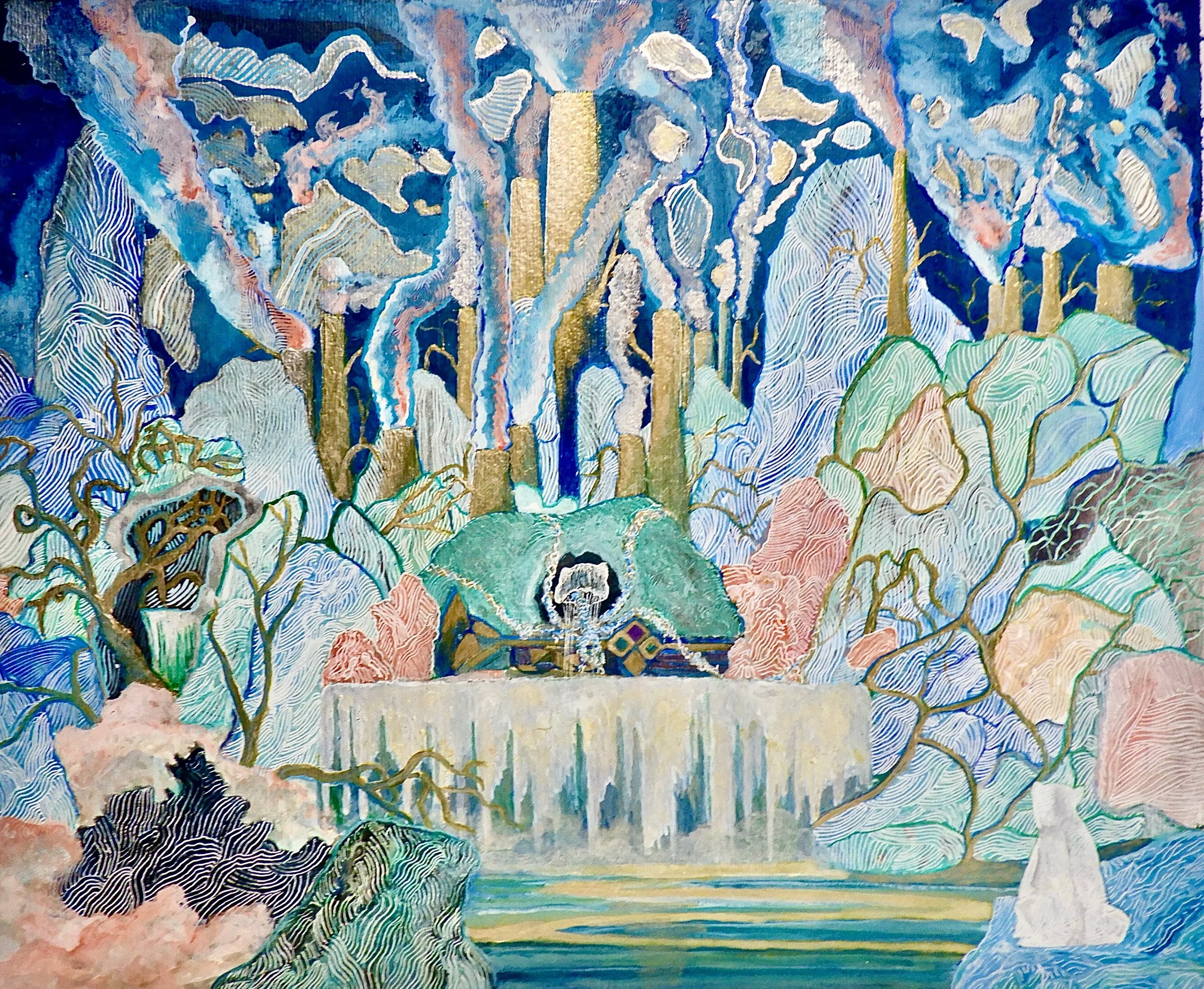 Nocturne in Tritium Major, 2025. Acrylic and metallic gold on paper, 35 × 43 cm (13.75 × 17 in). [Available] — $2,500