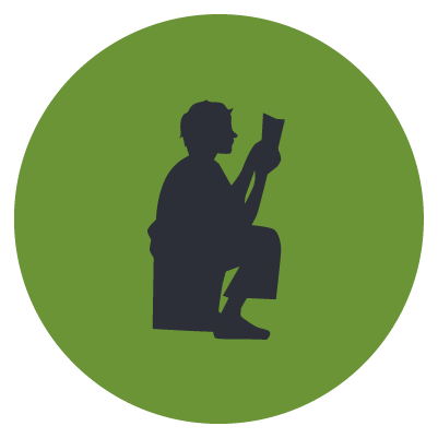 Silhouette of a person squatting and reading a book against a green circular background.