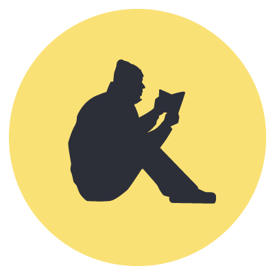 Silhouette of a person sitting cross-legged and reading a book, set against a yellow circular background.