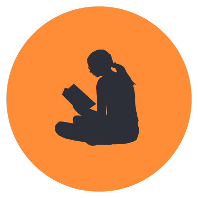 Silhouette of a girl sitting cross-legged and reading a book inside an orange circle.