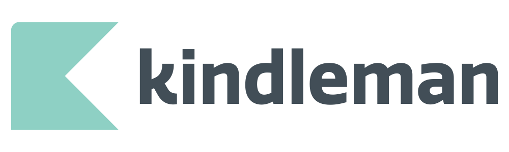 Kindleman logo with a stylized teal arrow shape and the text 'kindleman' in black.