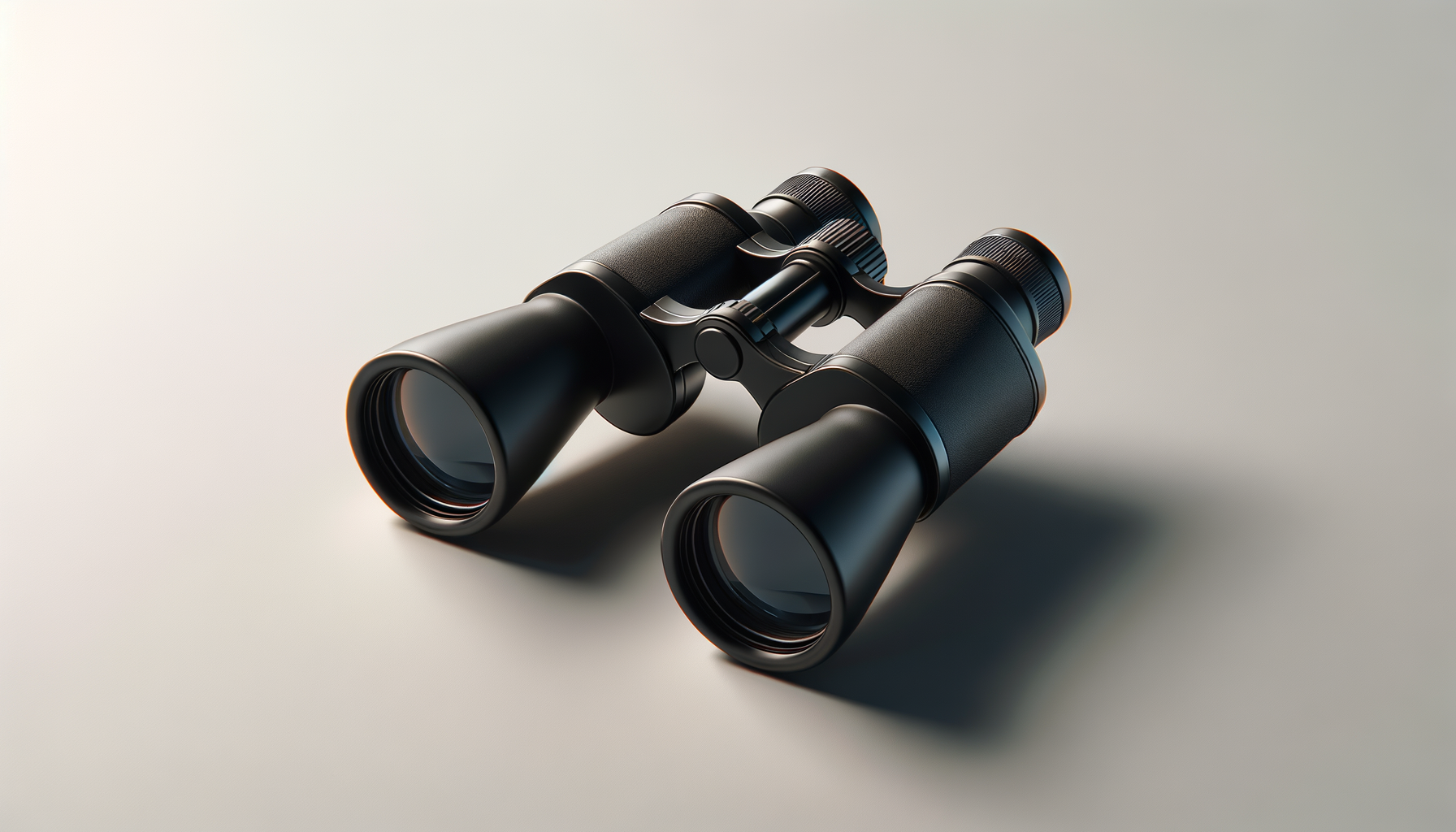 Black binoculars on a light gray surface with a neutral background.