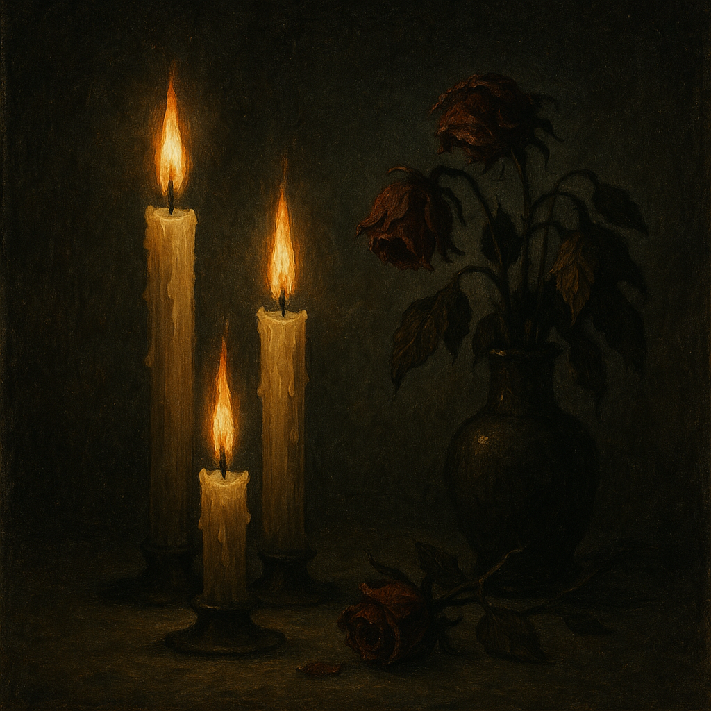 A painting of three lit candles and a withered rose in a vase, with a dark background.
