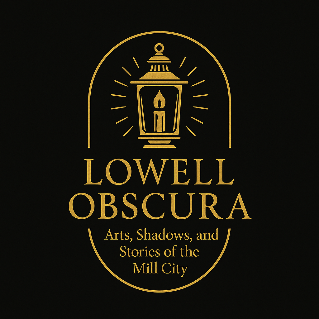 A black background with a minimalist gold outline of a lantern and the text 'Lowell Obscura Arts, Shadows, and Stories of the Mill City'