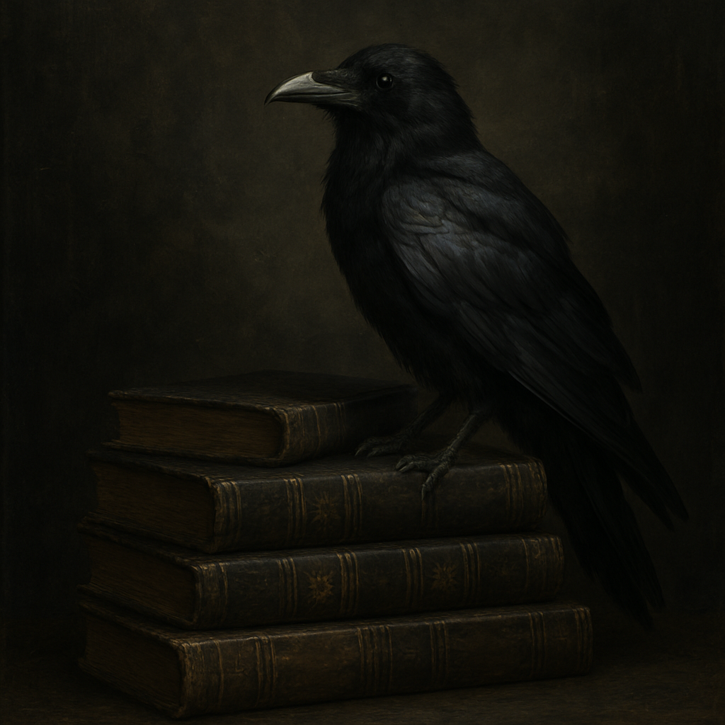 A black raven perched on top of a stack of old leather-bound books in a dark setting.