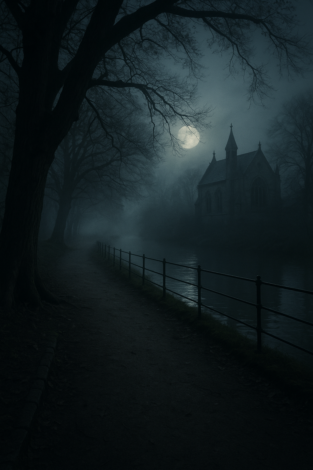 Dark, foggy night scene with barren trees, a full moon, a canal, and a silhouette of a church or castle