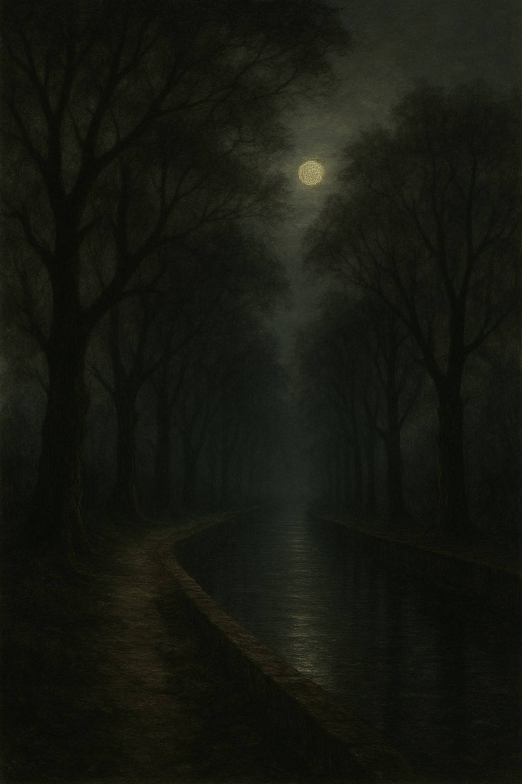 A dark, moonlit night scene with tall, leafless trees lining a small, winding canal. The full moon is visible through the mist and tree branches.
