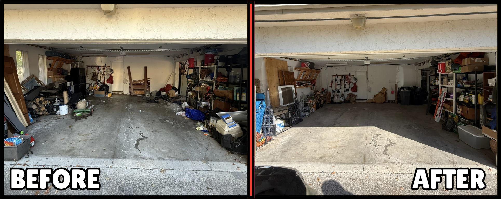 Before-and-after garage organizing in Columbus OH showing a cluttered garage with debris transformed into a tidy space with clean floors and organized shelves.