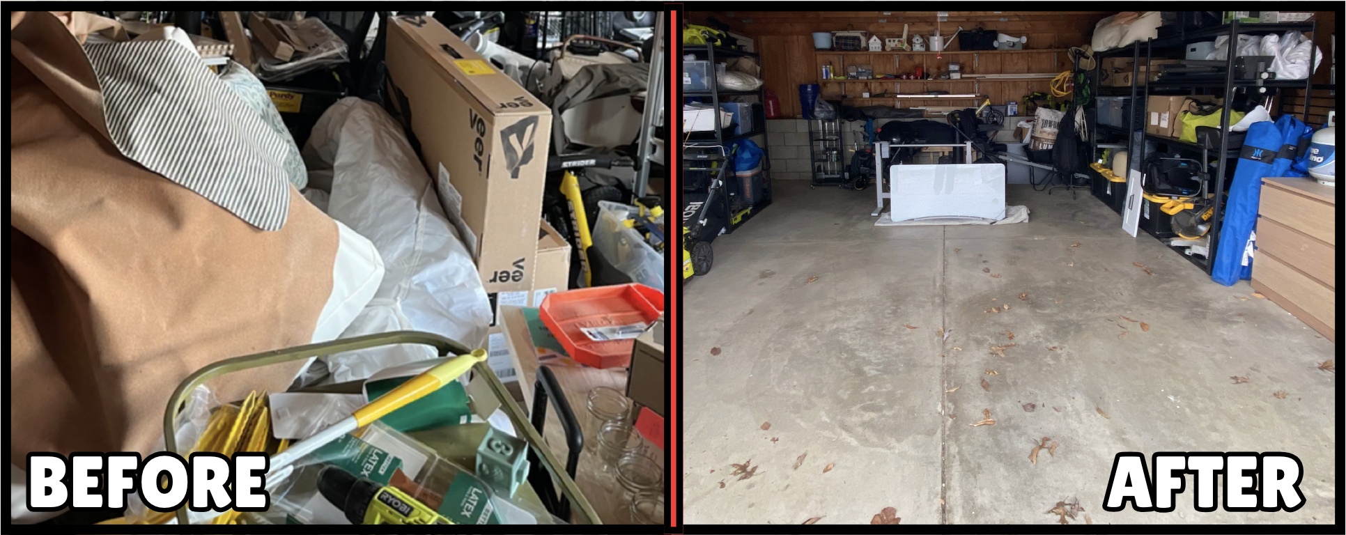 Before-and-after garage organizing in Columbus OH showing boxes, bags, and tools cleared to create a clean, empty concrete garage floor.