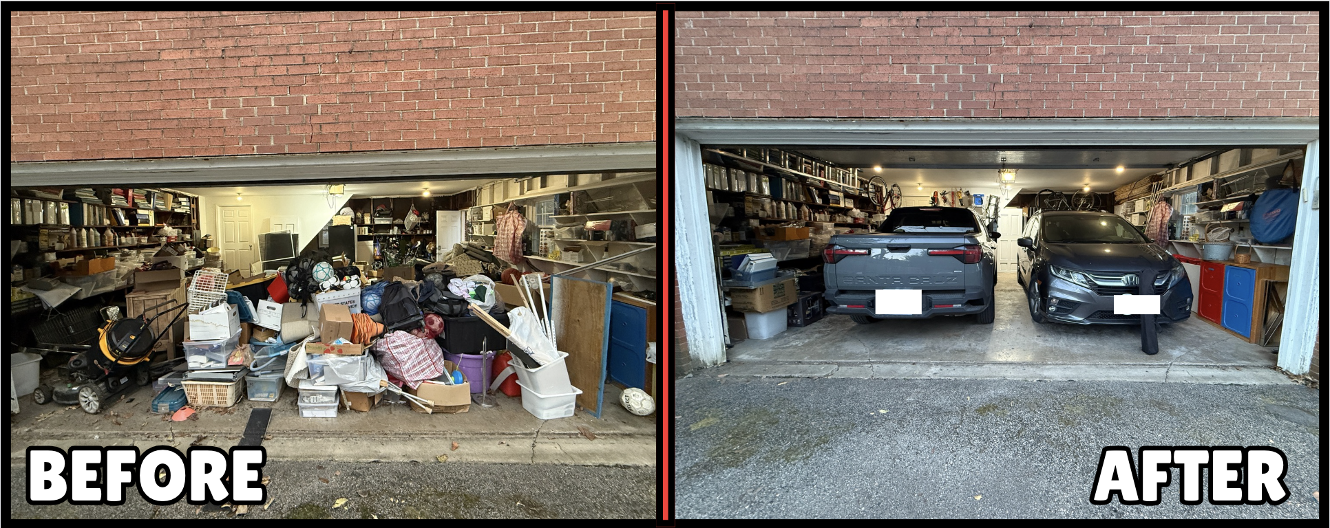Before-and-after garage organizing in Columbus OH showing a cluttered garage transformed into a clean garage with organized shelving and parked cars.
