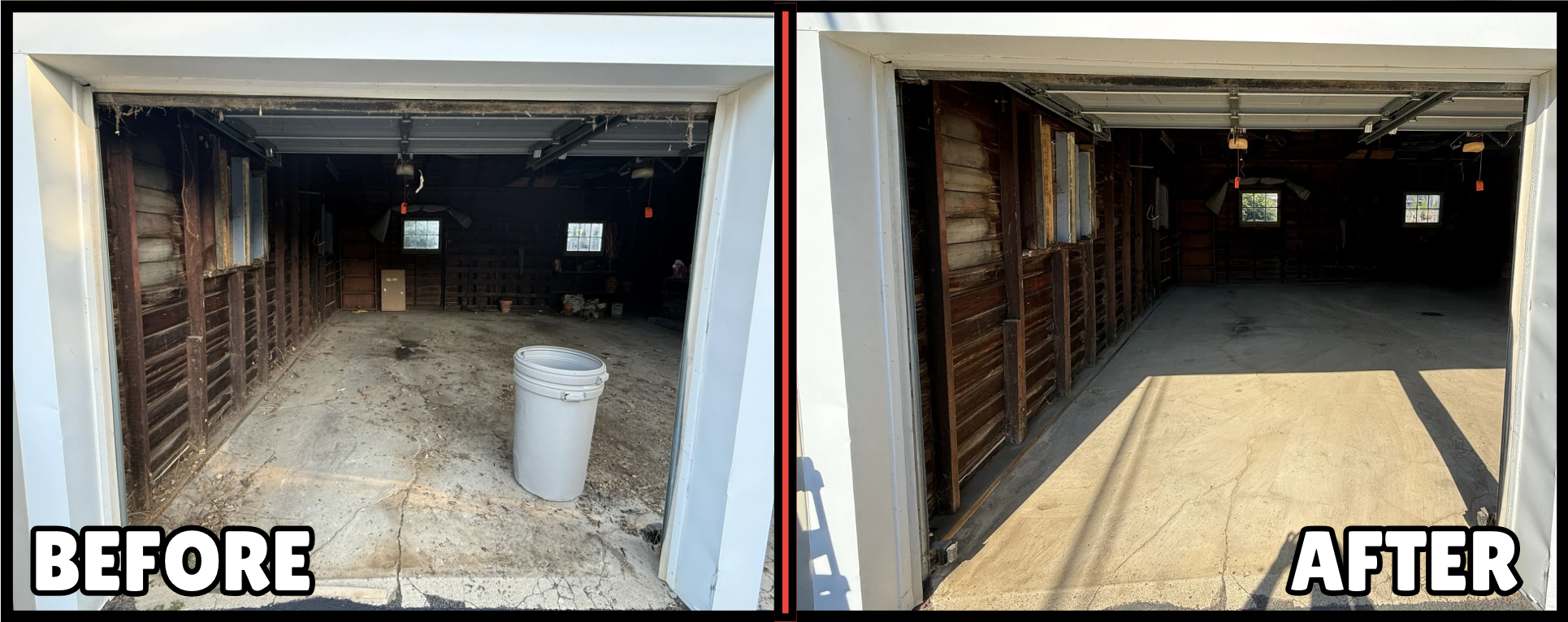 Before-and-after garage organizing in Columbus OH showing a cluttered garage with debris and a white bucket transformed into a clean garage with a clear floor.