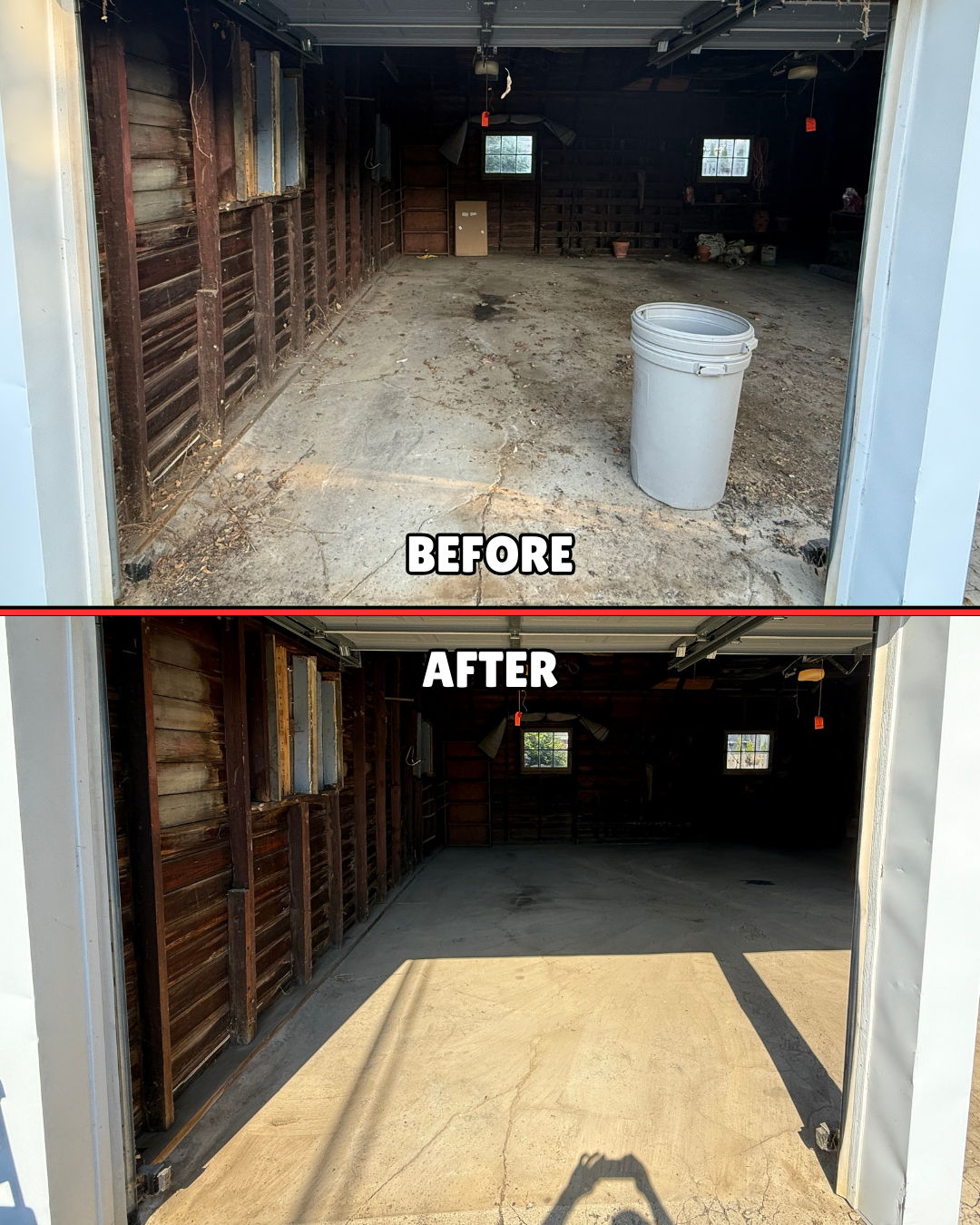 Before-and-after garage organizing process in Columbus OH showing a cluttered garage transformed into a clean, organized space.
