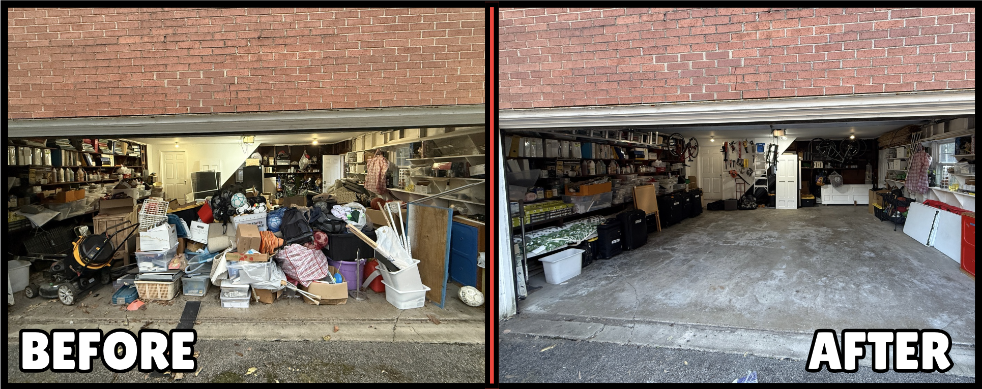 Before-and-after garage organizing transformation showing a cluttered garage and a clean, organized garage in Columbus OH.