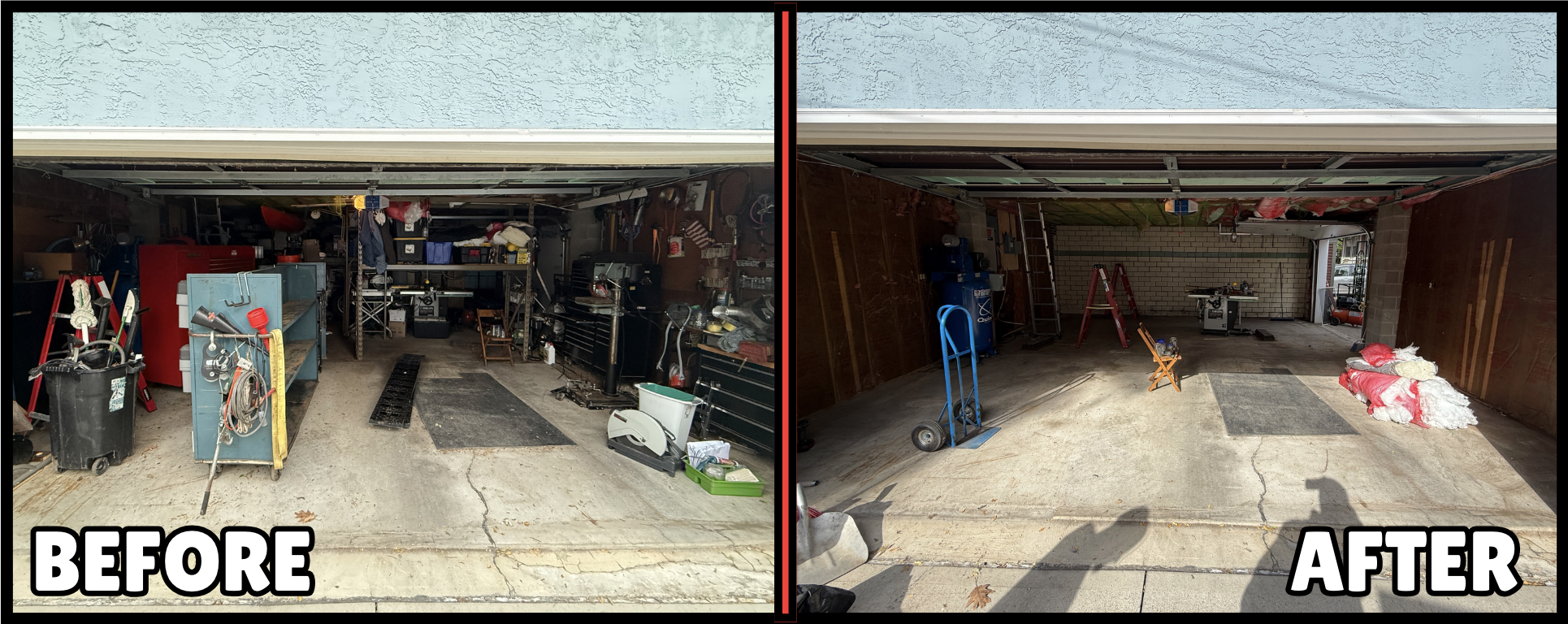 Before-and-after garage organizing showing cluttered tools and bags transformed into a clean, organized garage in Columbus OH.