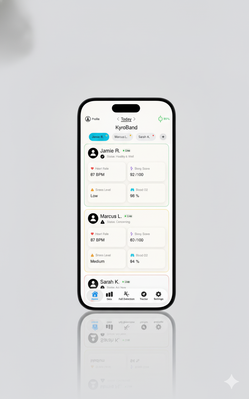 Smartphone displaying a health tracking app with user profiles and health data, including heart rate, blood oxygen, and activity status.