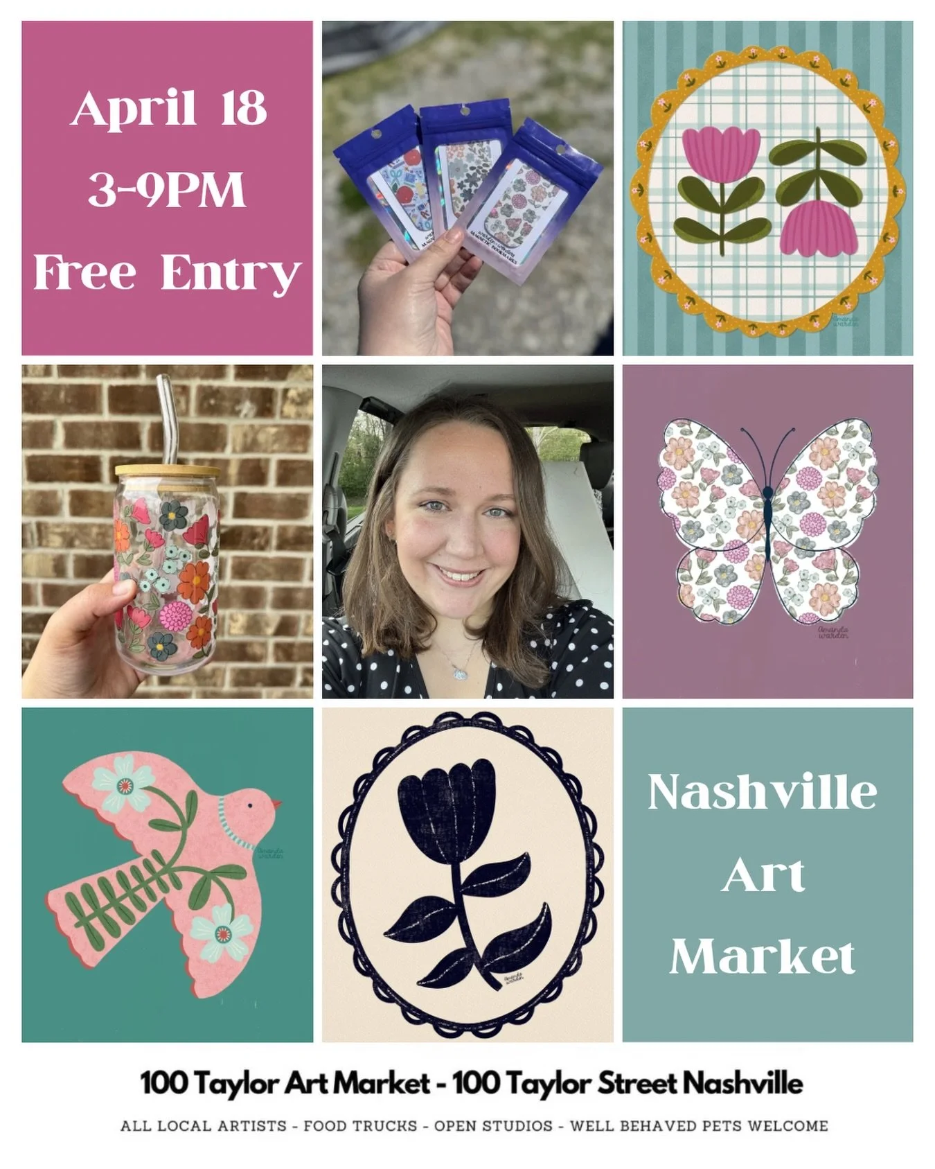 Nashville friends!!
Today 3&ndash;9pm at 100 Taylor Art Market
Come shop local art, grab something to eat, and say hi!
I&rsquo;d love to see you there 🤍

#nashvilleartists 
#nashvilleevents
#shoplocalnashville 
#nashvilleart 
#artmarket