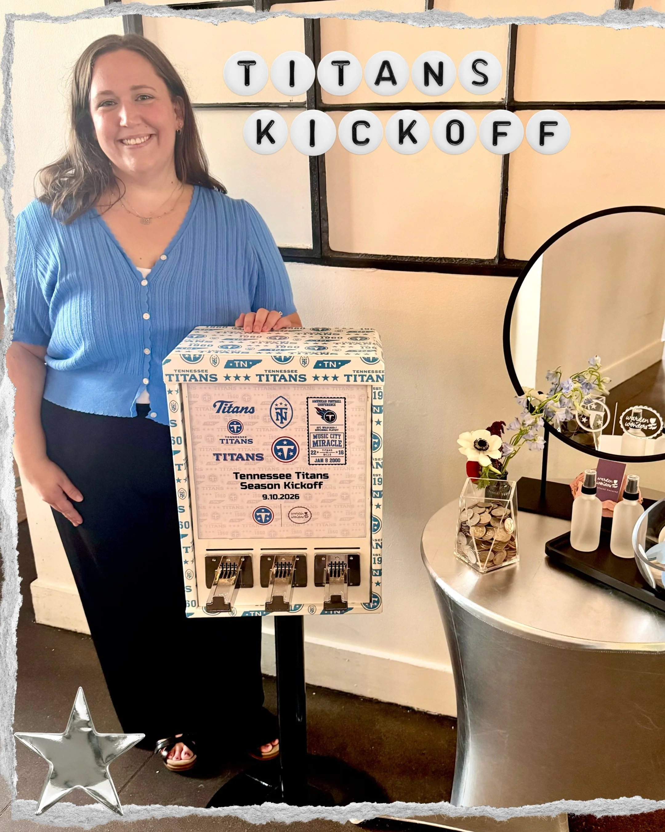 A dream client and a dreamy event 💙

I got to bring a custom Keepsake Machine activation to life for the @titans season kickoff, complete with custom branding, a hand drawn sticker design, temporary tattoos, and hand-picked details that brought the 