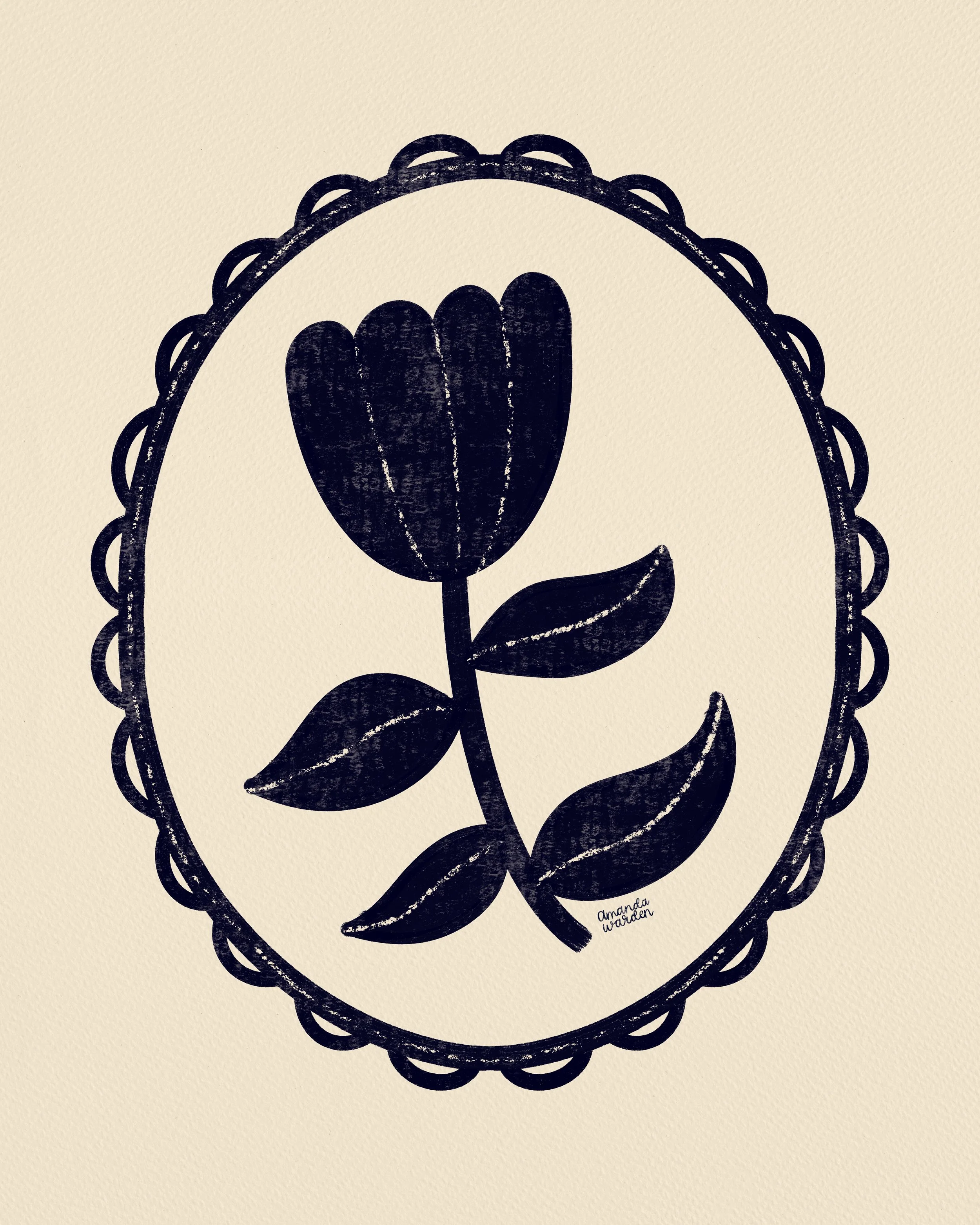 Monochrome Tulip (Navy) - Framed Folk Floral Art Print