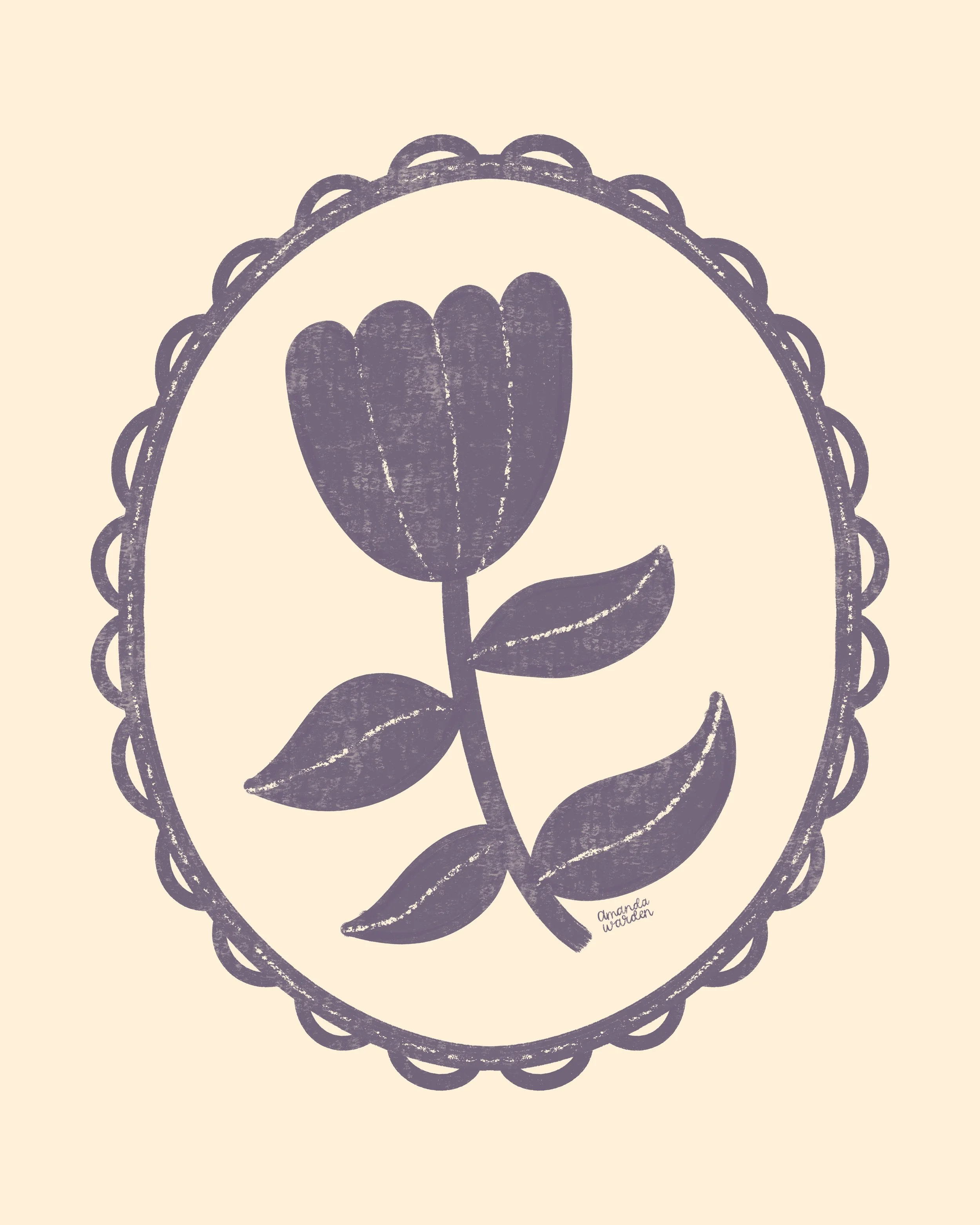 Monochrome Tulip (Purple) - Framed Folk Floral Art Print